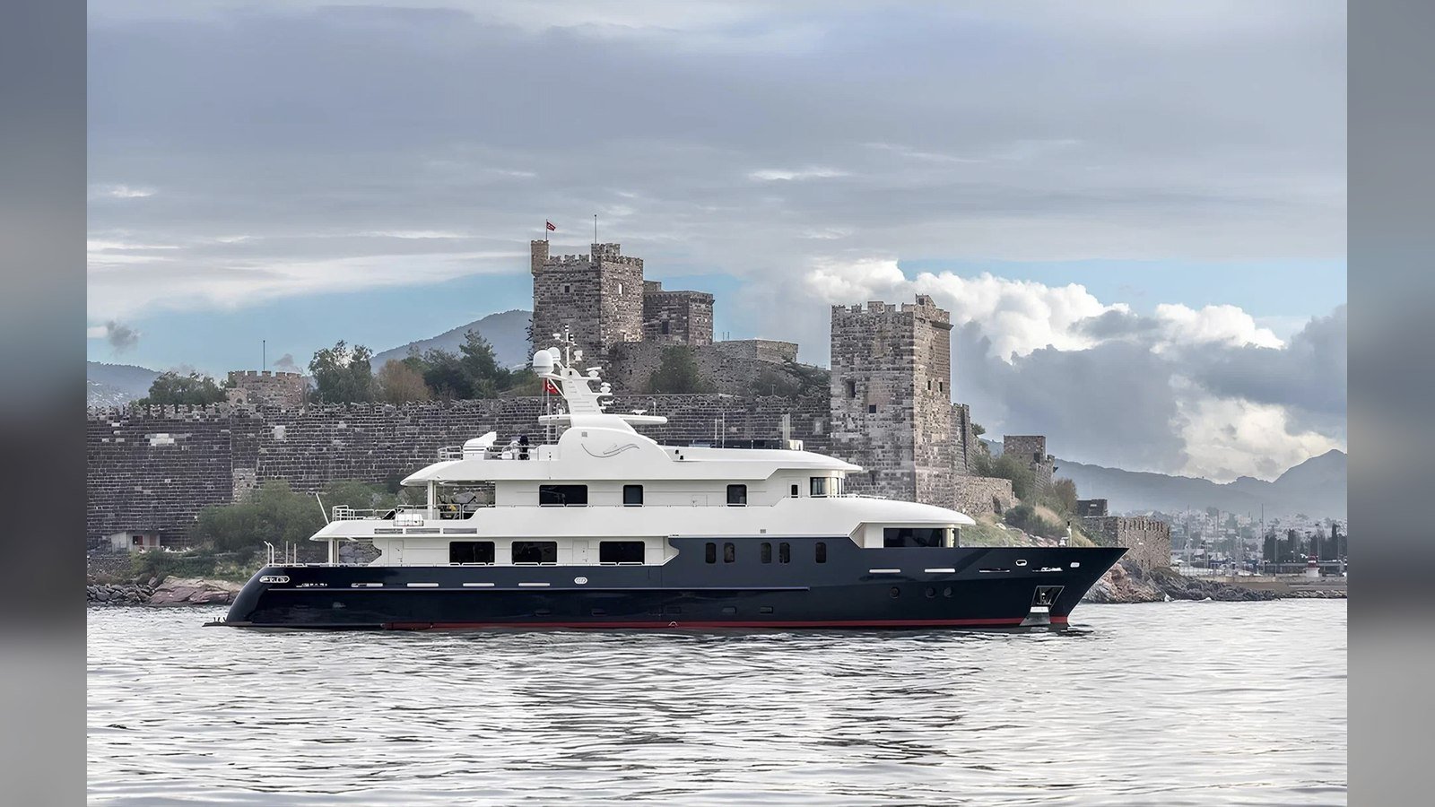 Serenity II off Bodrum Castle after her refit