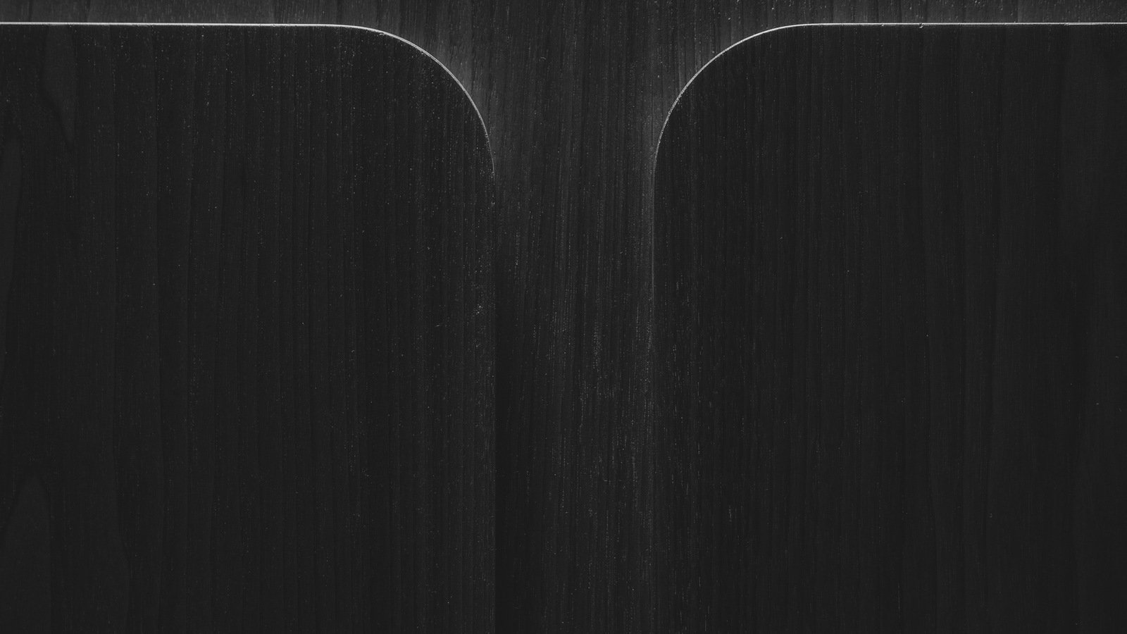Black-and-white close view of two dark timber door or panel faces standing side by side, each with a generously radiused top corner, separated by a narrow vertical reveal down the centre of the frame; a fine highlight picks out the top edge of both faces and follows each radius down into the gap, with the grain running vertically.